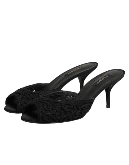 Dolce & Gabbana Women's Polyester Viscose Goat Leather & Cotton Mules Sliders Flat Shoes - Black Signature