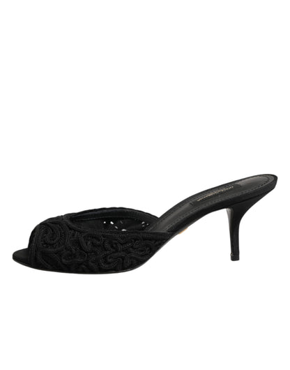 Dolce & Gabbana Women's Polyester Viscose Goat Leather & Cotton Mules Sliders Flat Shoes - Black Signature