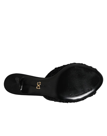 Dolce & Gabbana Women's Polyester Viscose Goat Leather & Cotton Mules Sliders Flat Shoes - Black Signature