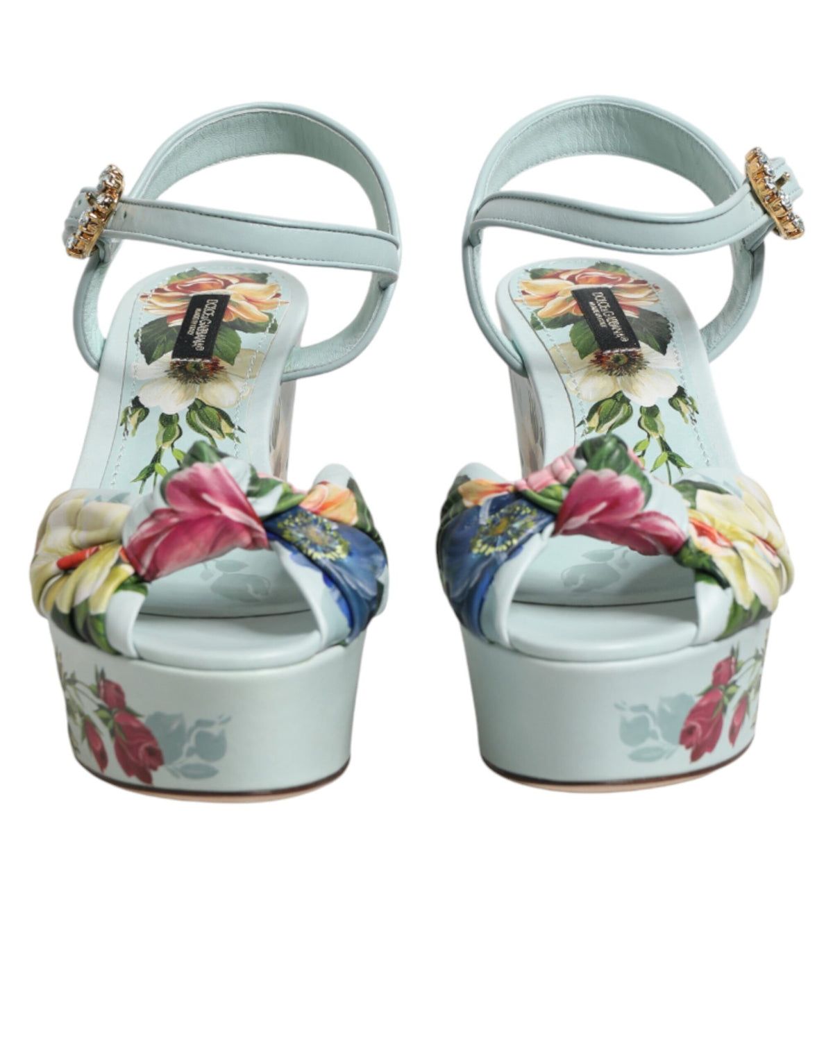 Dolce & Gabbana Women's Goat & Calf Leather Wedge Ankle Strap Sandals - Green Floral