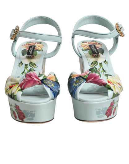 Dolce & Gabbana Women's Goat & Calf Leather Wedge Ankle Strap Sandals - Green Floral