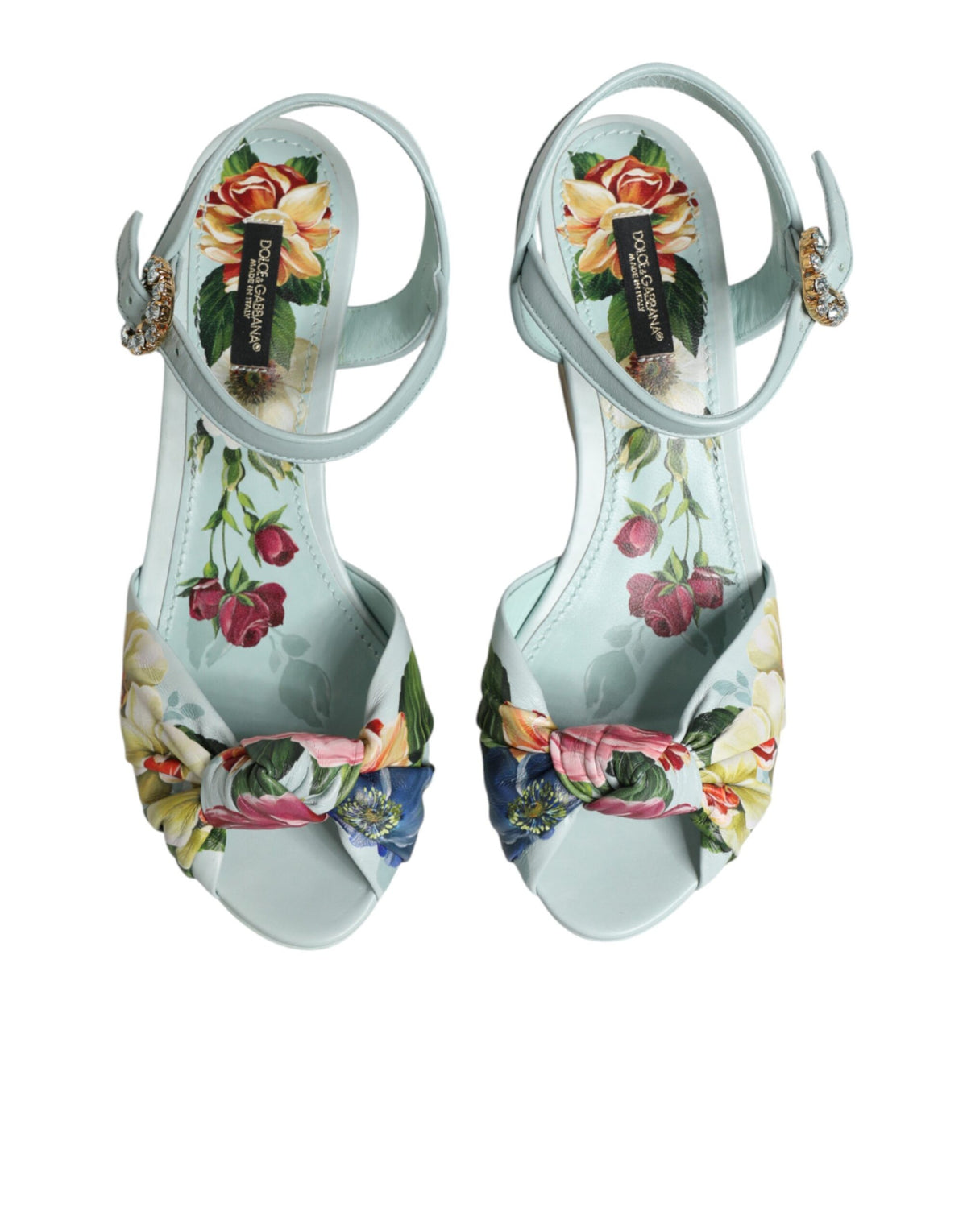 Dolce & Gabbana Women's Goat & Calf Leather Wedge Ankle Strap Sandals - Green Floral