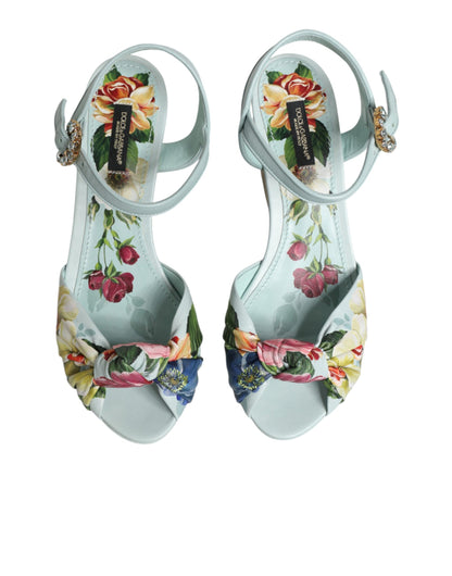 Dolce & Gabbana Women's Goat & Calf Leather Wedge Ankle Strap Sandals - Green Floral