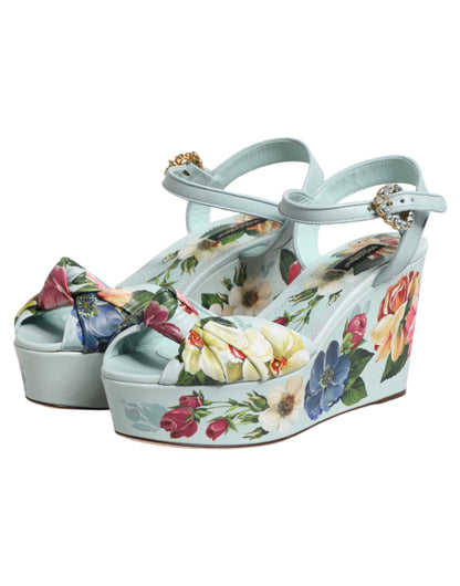 Dolce & Gabbana Women's Goat & Calf Leather Wedge Ankle Strap Sandals - Green Floral
