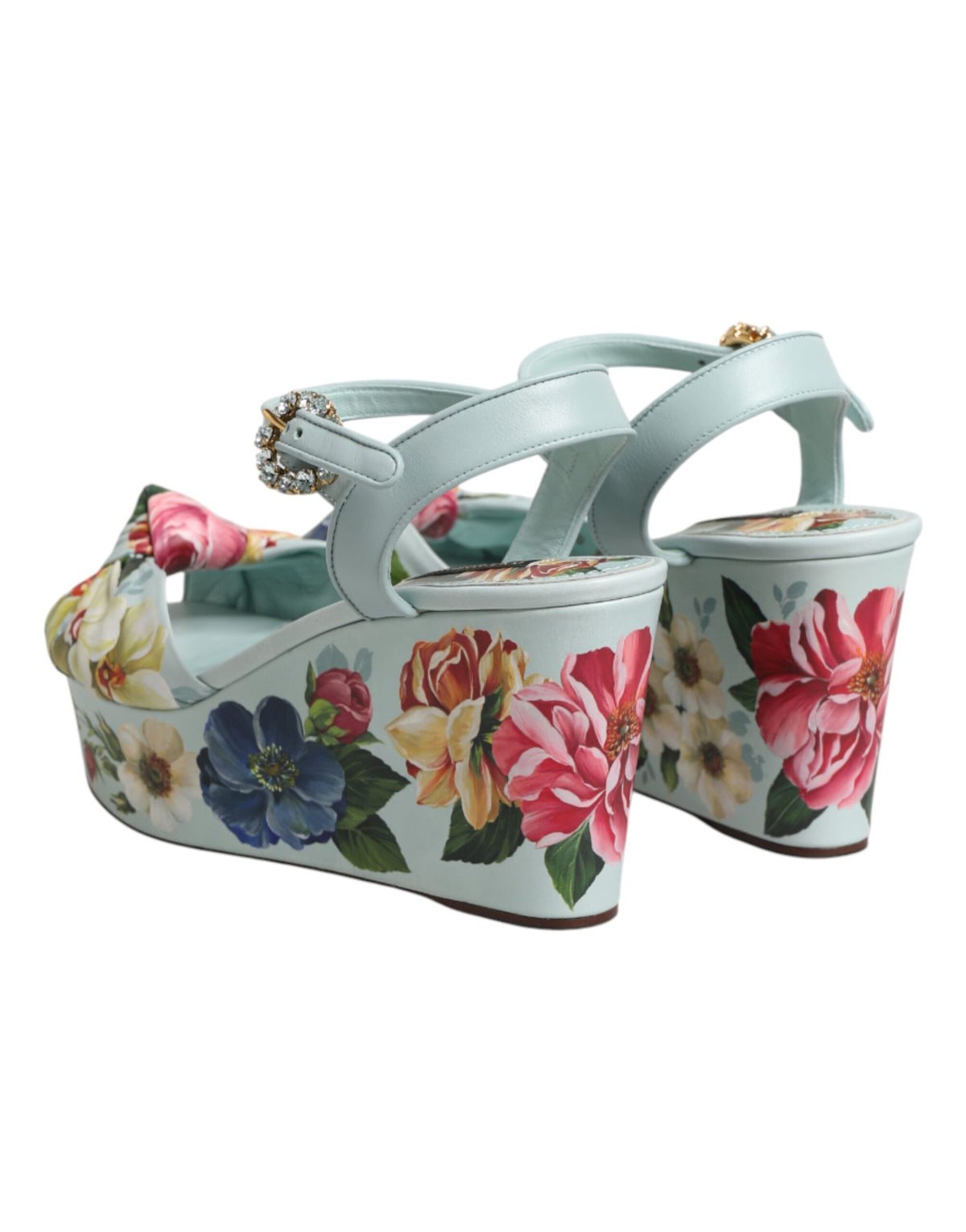 Dolce & Gabbana Women's Goat & Calf Leather Wedge Ankle Strap Sandals - Green Floral