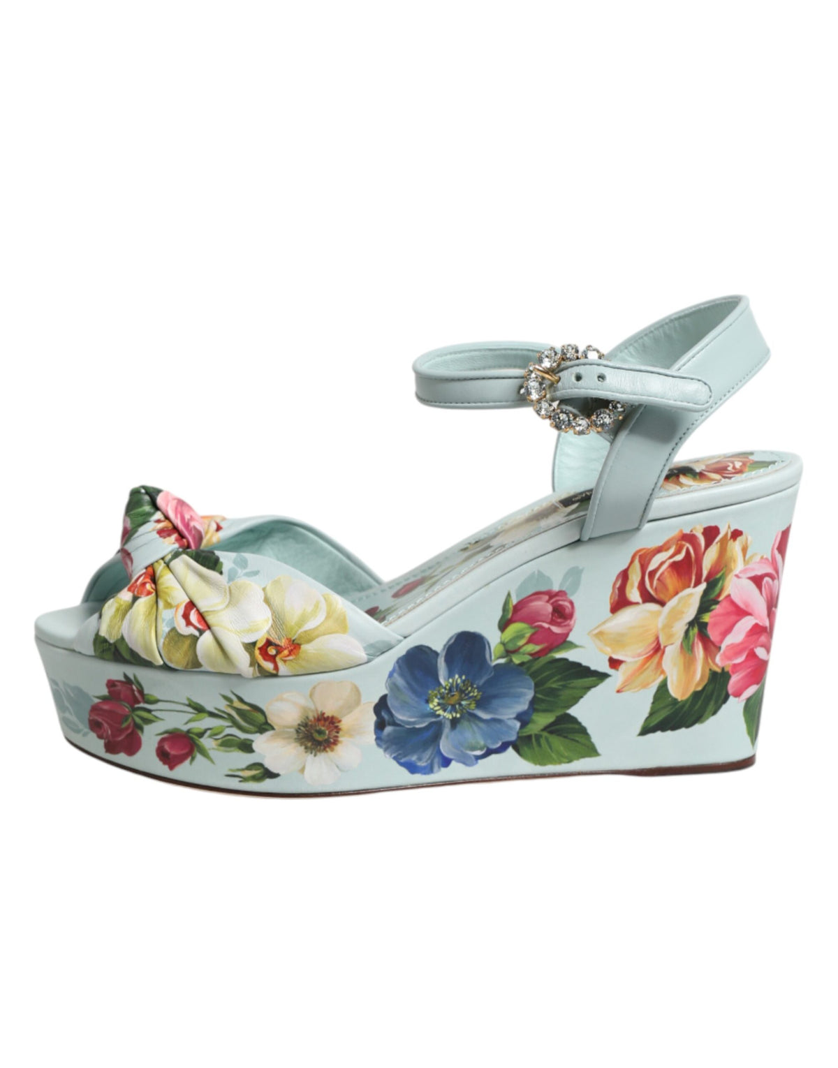 Dolce & Gabbana Women's Goat & Calf Leather Wedge Ankle Strap Sandals - Green Floral