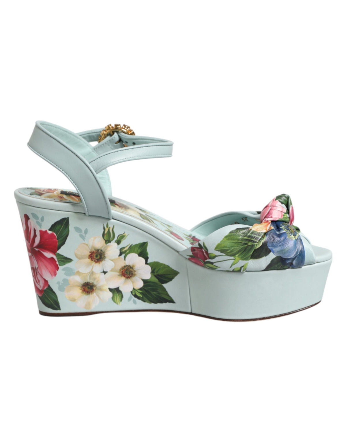Dolce & Gabbana Women's Goat & Calf Leather Wedge Ankle Strap Sandals - Green Floral