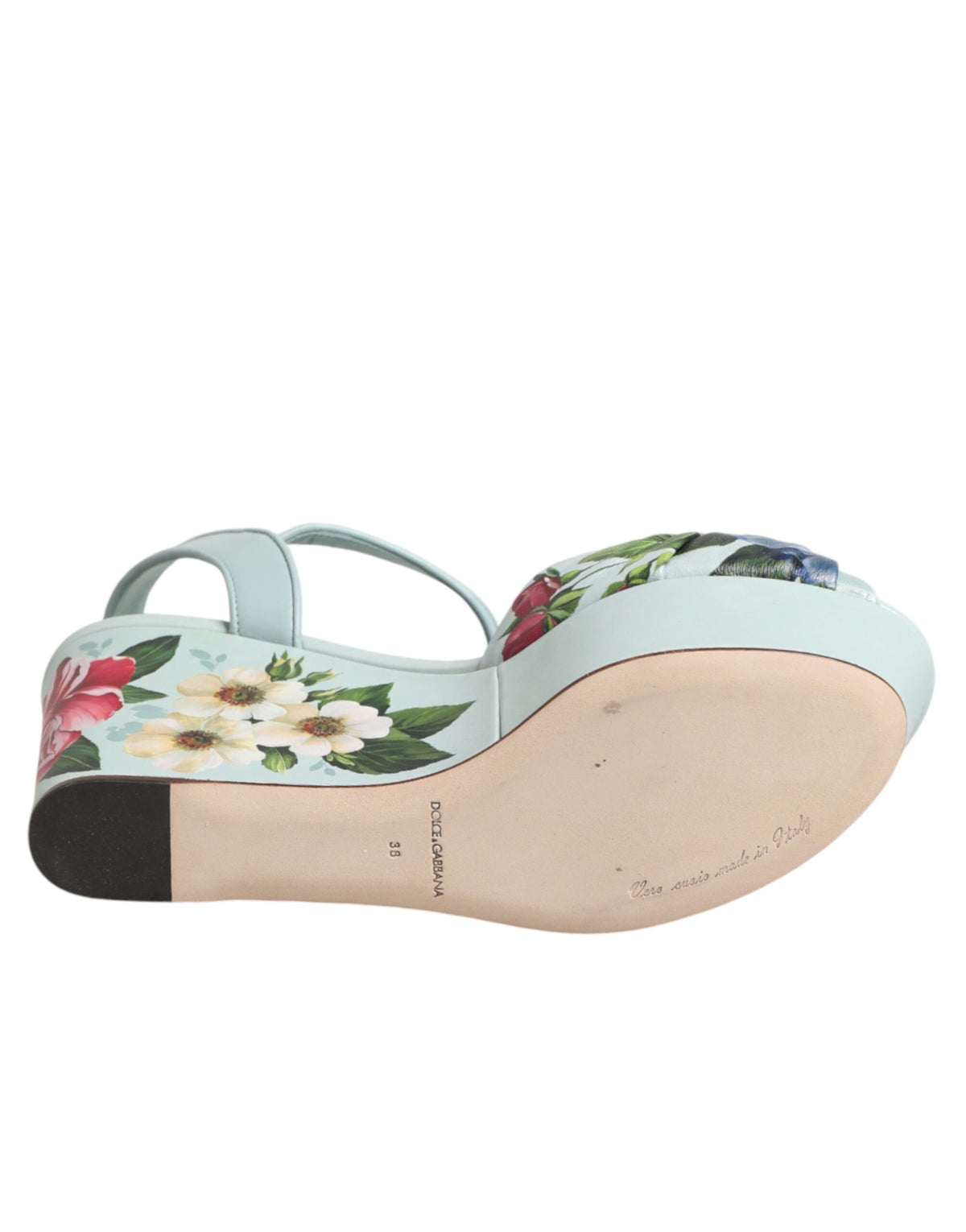 Dolce & Gabbana Women's Goat & Calf Leather Wedge Ankle Strap Sandals - Green Floral