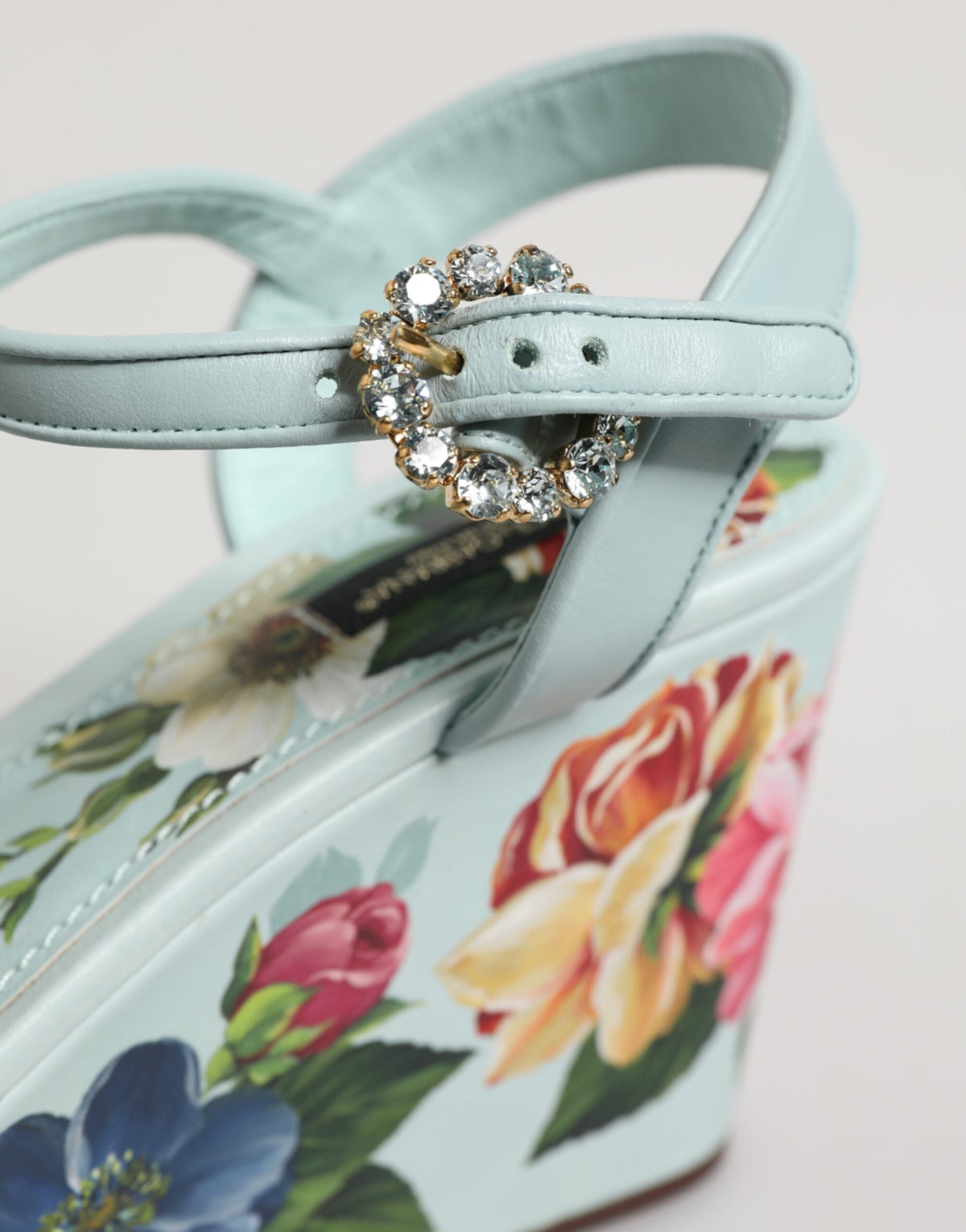 Dolce & Gabbana Women's Goat & Calf Leather Wedge Ankle Strap Sandals - Green Floral