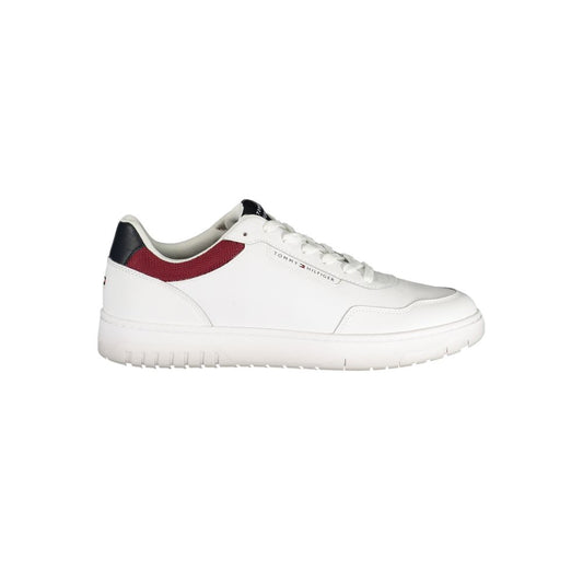 Athletic Sneakers by Tommy Hilfiger for men in polyester polyurethane leather white showcases a architectural silhouette, artfully capturing the essence of the Men's Athletic Polyester Polyurethane Leather Sneakers with its signature architectural athletic style construction.