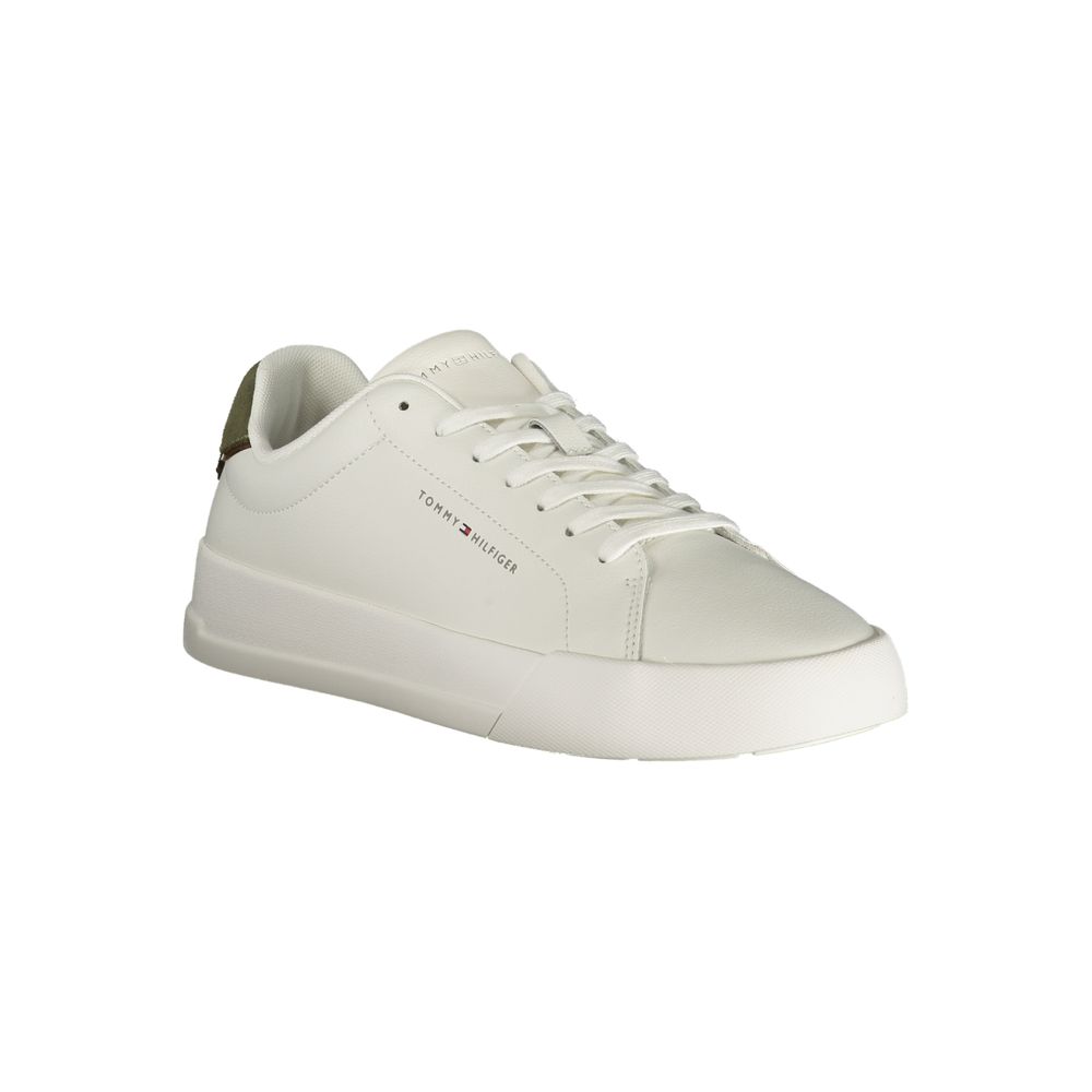 Athletic Sneakers by Tommy Hilfiger for men in polyester polyethylene leather green & white features an stately silhouette, showcasing the signature athletic style of the Men's Athletic Polyester Polyethylene Leather Sneakers collection with a truly stately finish.