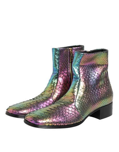 Dolce & Gabbana Men's Calf & Python Leather Silk Viscose Ankle Chelsea Short Boots - Multicolor