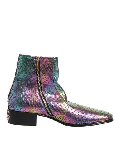 Dolce & Gabbana Men's Calf & Python Leather Silk Viscose Ankle Chelsea Short Boots - Multicolor