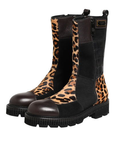 Dolce & Gabbana Men's Calf & Crocodile Skin Leather Flat Mid-Calf Short Boots - Multicolor