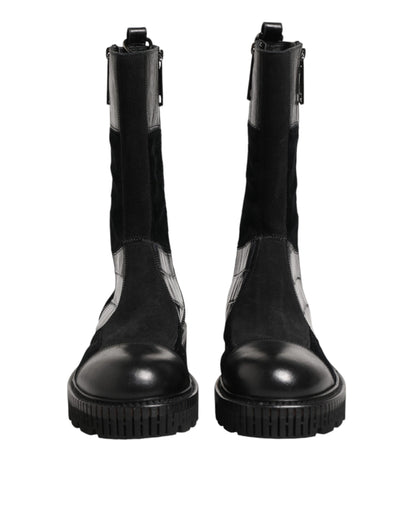 Dolce & Gabbana Men's Leather & Cotton Flat Mid-Calf Short Boots - Black Patchwork