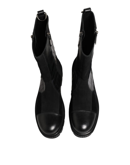 Dolce & Gabbana Men's Leather & Cotton Flat Mid-Calf Short Boots - Black Patchwork