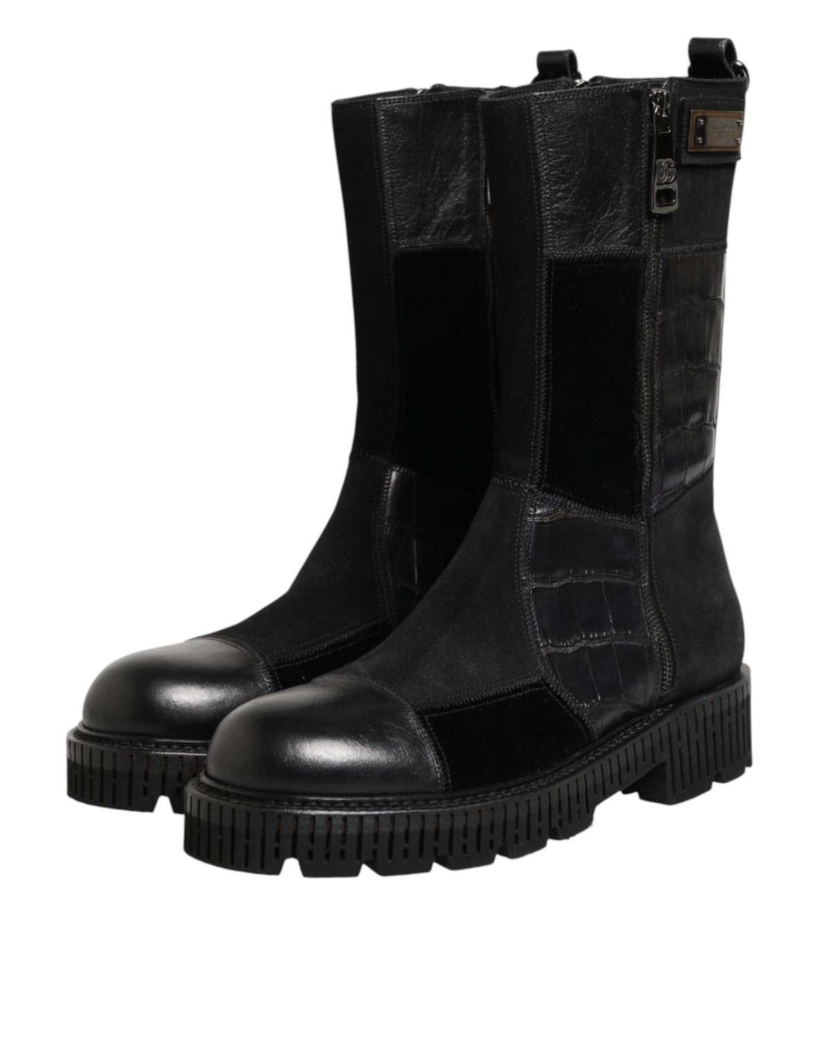 Dolce & Gabbana Men's Leather & Cotton Flat Mid-Calf Short Boots - Black Patchwork