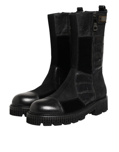 Dolce & Gabbana Men's Leather & Cotton Flat Mid-Calf Short Boots - Black Patchwork