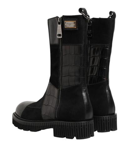 Dolce & Gabbana Men's Leather & Cotton Flat Mid-Calf Short Boots - Black Patchwork