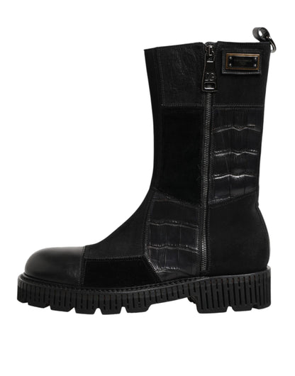 Dolce & Gabbana Men's Leather & Cotton Flat Mid-Calf Short Boots - Black Patchwork