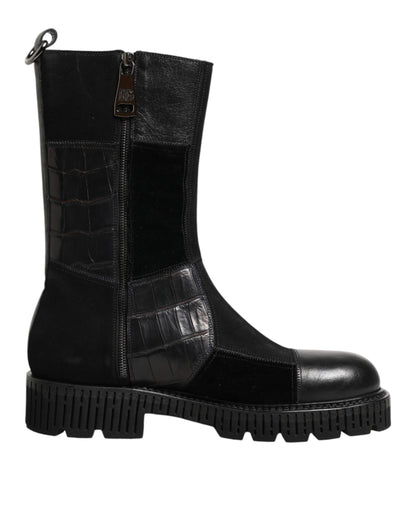 Dolce & Gabbana Men's Leather & Cotton Flat Mid-Calf Short Boots - Black Patchwork