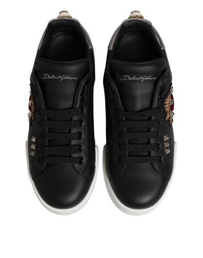 Dolce & Gabbana Black Leather Heart Embellished Sneakers Shoes