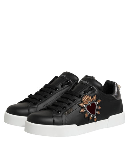 Dolce & Gabbana Black Leather Heart Embellished Sneakers Shoes