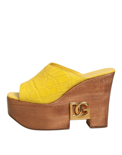 Dolce & Gabbana Yellow Leather Wood Mule Wedge Slides Shoes