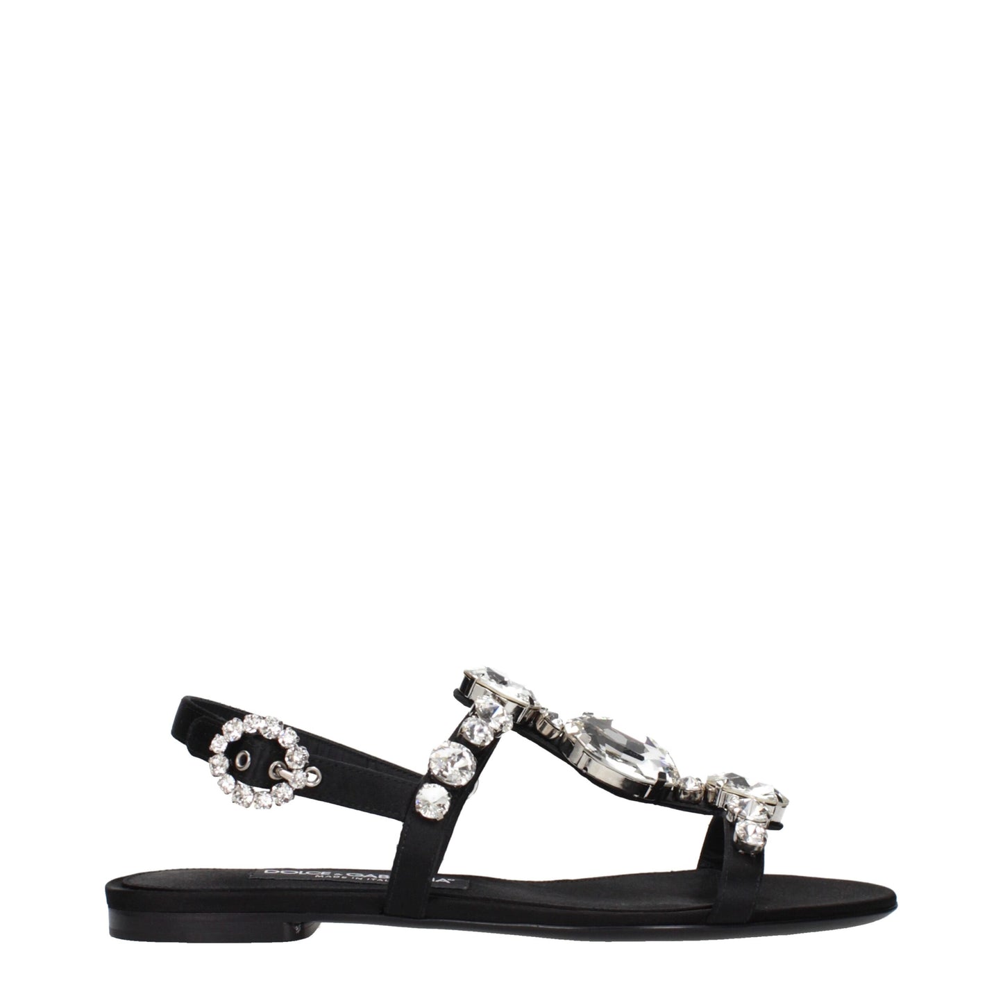 Flat Sandals by Dolce & Gabbana for women in satin & rhinestone black features an architectural design from the Women's Satin & Rhinestone Flat Sandals collection, defined by a architectural flat and for a architectural finish.