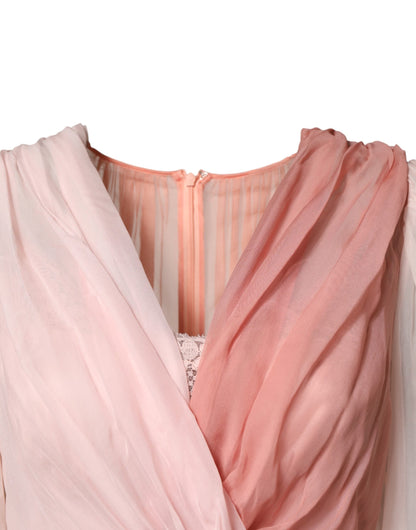 Dolce & Gabbana Women's Cocktail Long-Sleeve V Neck Cotton Polyamide Tulle & Silk Mini Dress - Pink Signature