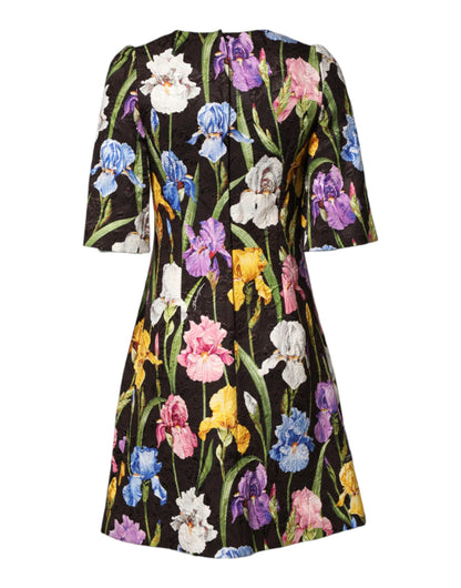 Dolce & Gabbana Women's A Line Cocktail Short-Sleeve Cotton Polyester Silk & Viscose Midi Mini Dress - Black Patterned Floral