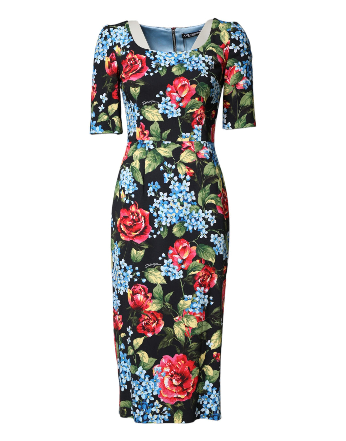 Dolce & Gabbana Women's Sheath Cocktail Short-Sleeve Viscose Silk Midi Dress - Black Patterned Floral Print