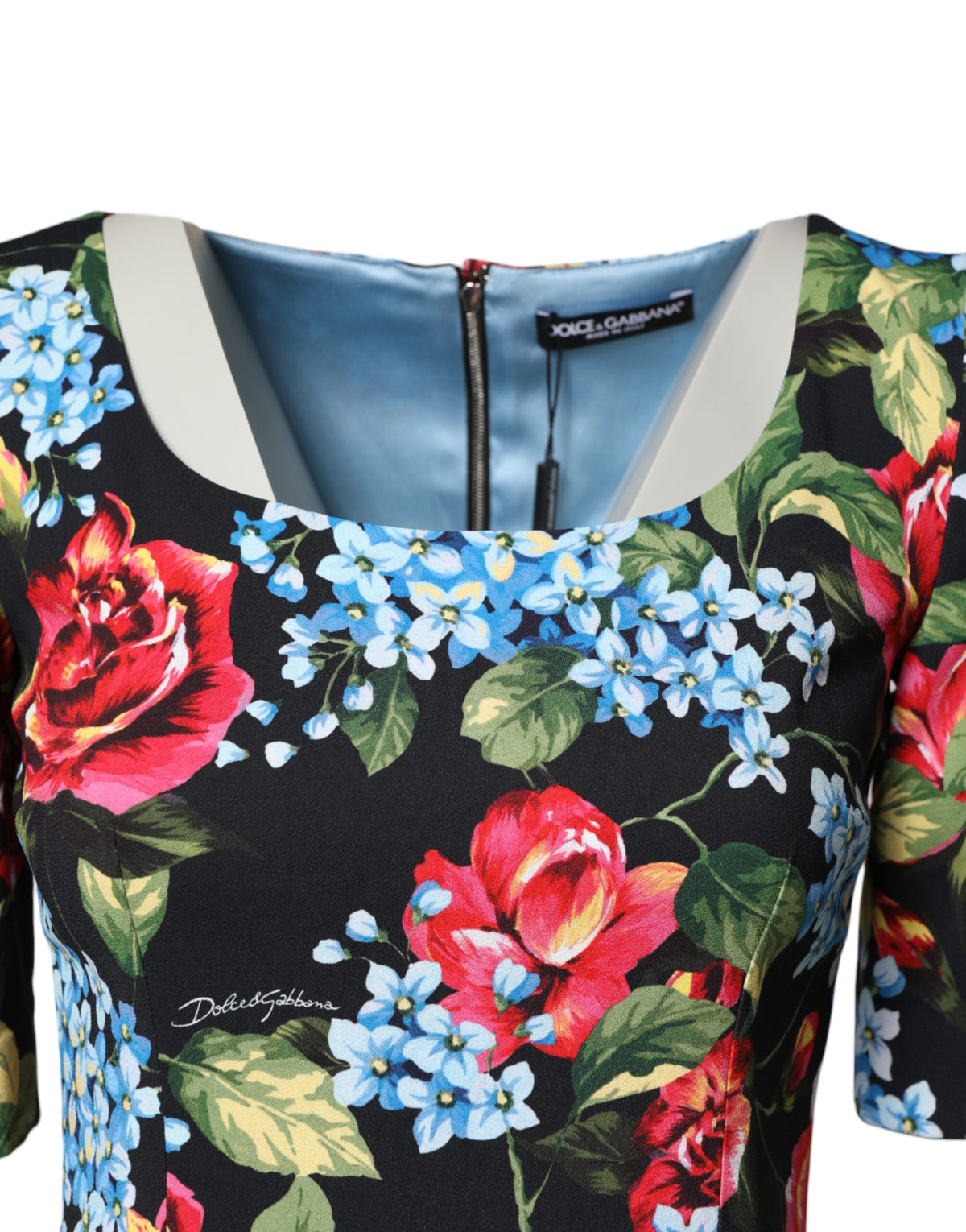 Dolce & Gabbana Women's Sheath Cocktail Short-Sleeve Viscose Silk Midi Dress - Black Patterned Floral Print