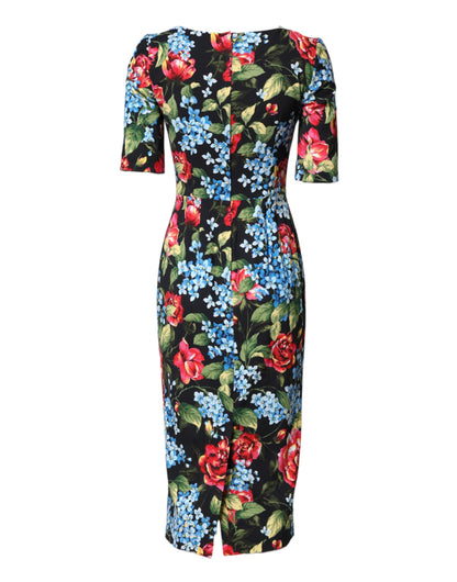 Dolce & Gabbana Women's Sheath Cocktail Short-Sleeve Viscose Silk Midi Dress - Black Patterned Floral Print