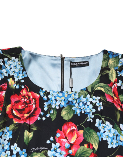 Dolce & Gabbana Women's Sheath Cocktail Short-Sleeve Viscose Silk Midi Dress - Black Patterned Floral Print