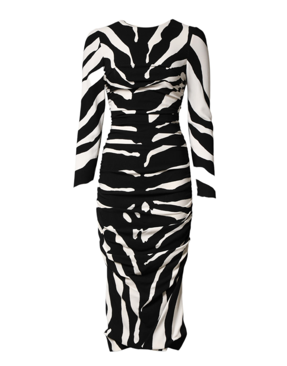 Dolce & Gabbana Women's Sheath Cocktail Long-Sleeve Viscose Silk Midi Dress - Black White Zebra Patterned Print
