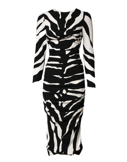 Dolce & Gabbana Women's Sheath Cocktail Long-Sleeve Viscose Silk Midi Dress - Black White Zebra Patterned Print