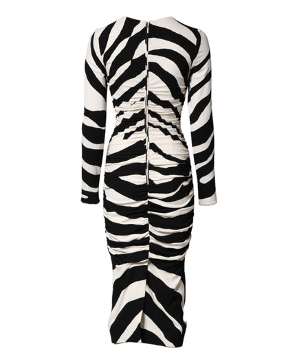 Dolce & Gabbana Women's Sheath Cocktail Long-Sleeve Viscose Silk Midi Dress - Black White Zebra Patterned Print