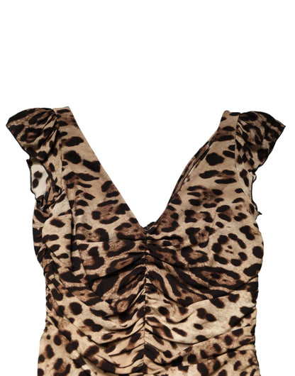 Dolce & Gabbana Women's Sheath Cocktail Sleeveless Silk Midi Dress - Brown Leopard Print Patterned Print