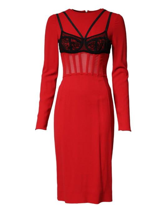 Dolce & Gabbana Women's Cocktail Long-Sleeve Polyamide Viscose & Silk Midi Dress - Black Red Signature