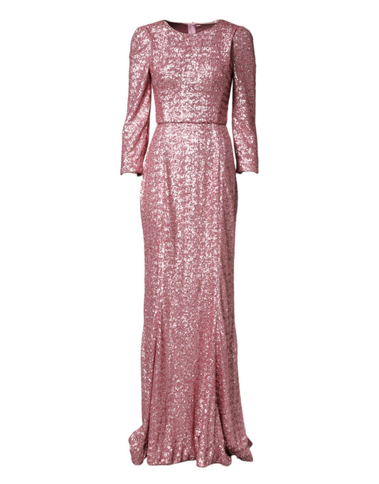 Dolce & Gabbana Women's Gown Mermaid Cocktail Long-Sleeve Polyamide Silk & Sequins Long Dress - Pink Red Signature