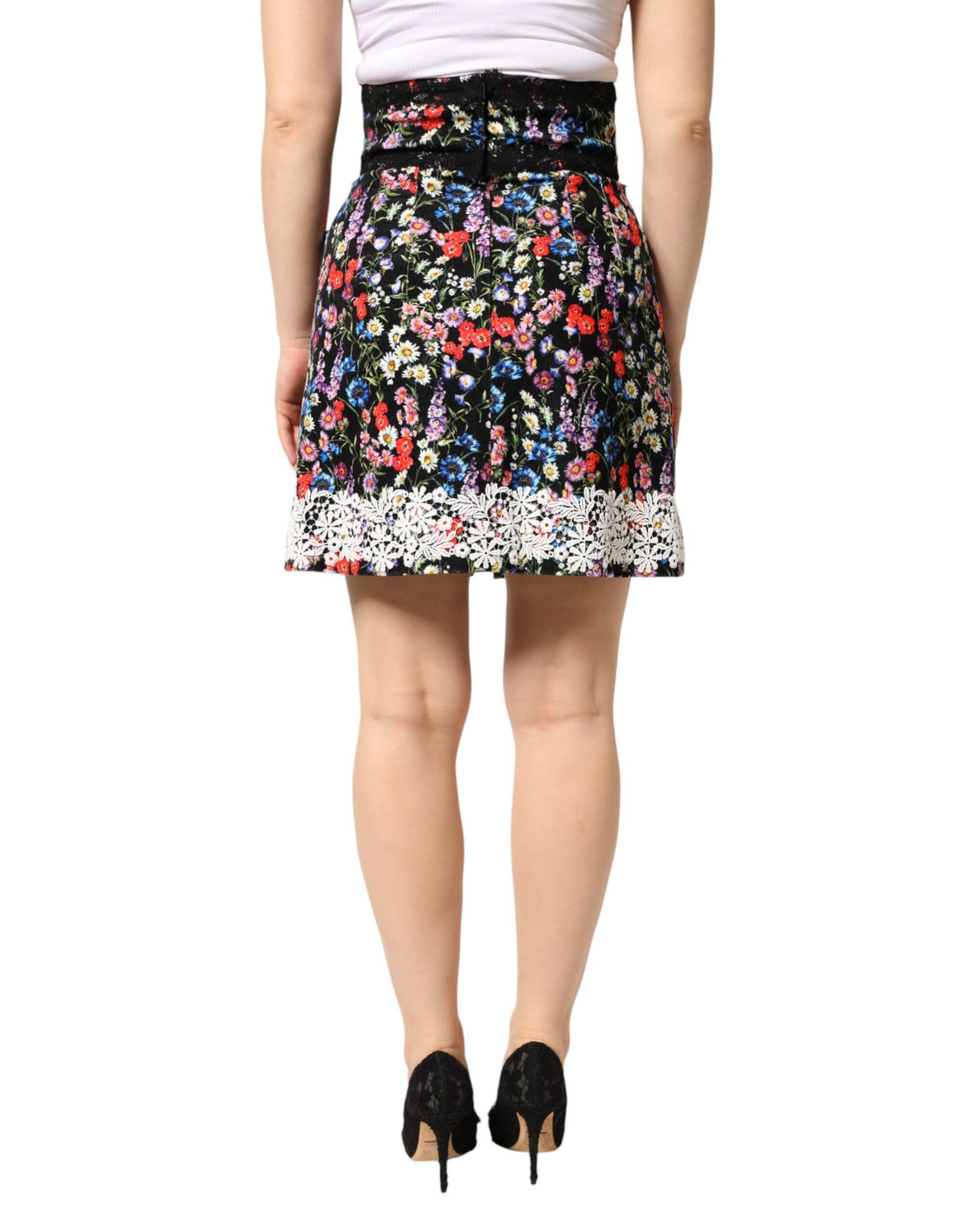 Dolce & Gabbana Women's High Rise Cotton Polyester Lace & Silk Mini Skirt - Black Floral