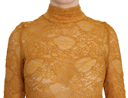 Mangano Mustard Turtle Neck Long Sleeve Lace Top Blouse