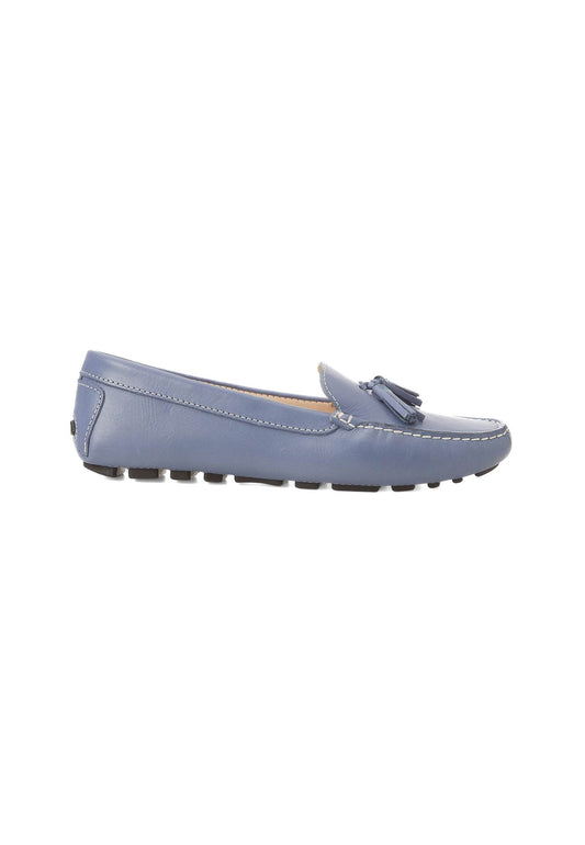 Mangará Atelier Blue Calf Leather Loafers – Women’S Driving Moccasins With Tassel Detail