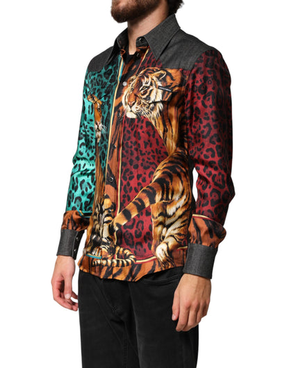 Dolce & Gabbana Multicolor Tiger Leopard Print Silk Men Shirt