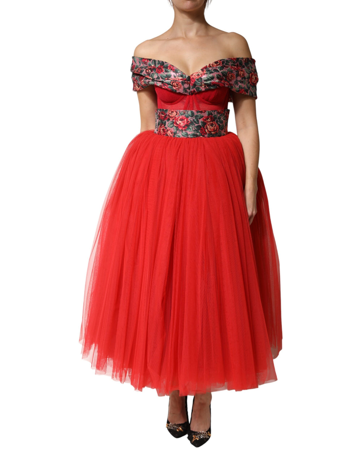Dolce & Gabbana Women's A Line Gown Cocktail Polyamide Polyester Cotton & Silk Midi Dress - Red Patterned Floral