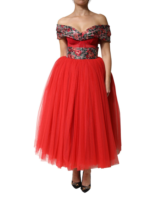 Dolce & Gabbana Women's A Line Gown Cocktail Polyamide Polyester Cotton & Silk Midi Dress - Red Patterned Floral