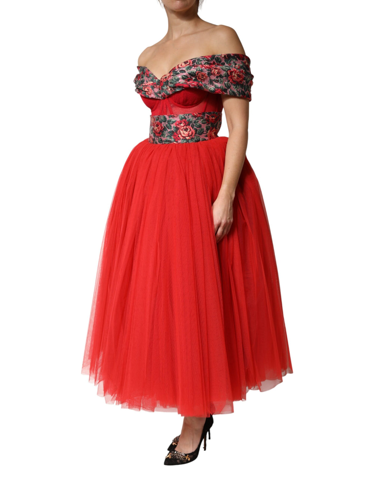 Dolce & Gabbana Women's A Line Gown Cocktail Polyamide Polyester Cotton & Silk Midi Dress - Red Patterned Floral