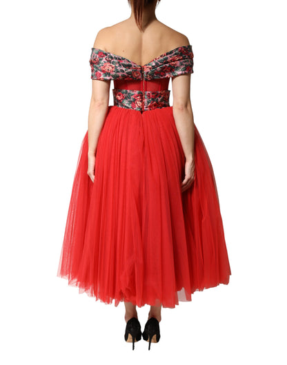 Dolce & Gabbana Women's A Line Gown Cocktail Polyamide Polyester Cotton & Silk Midi Dress - Red Patterned Floral