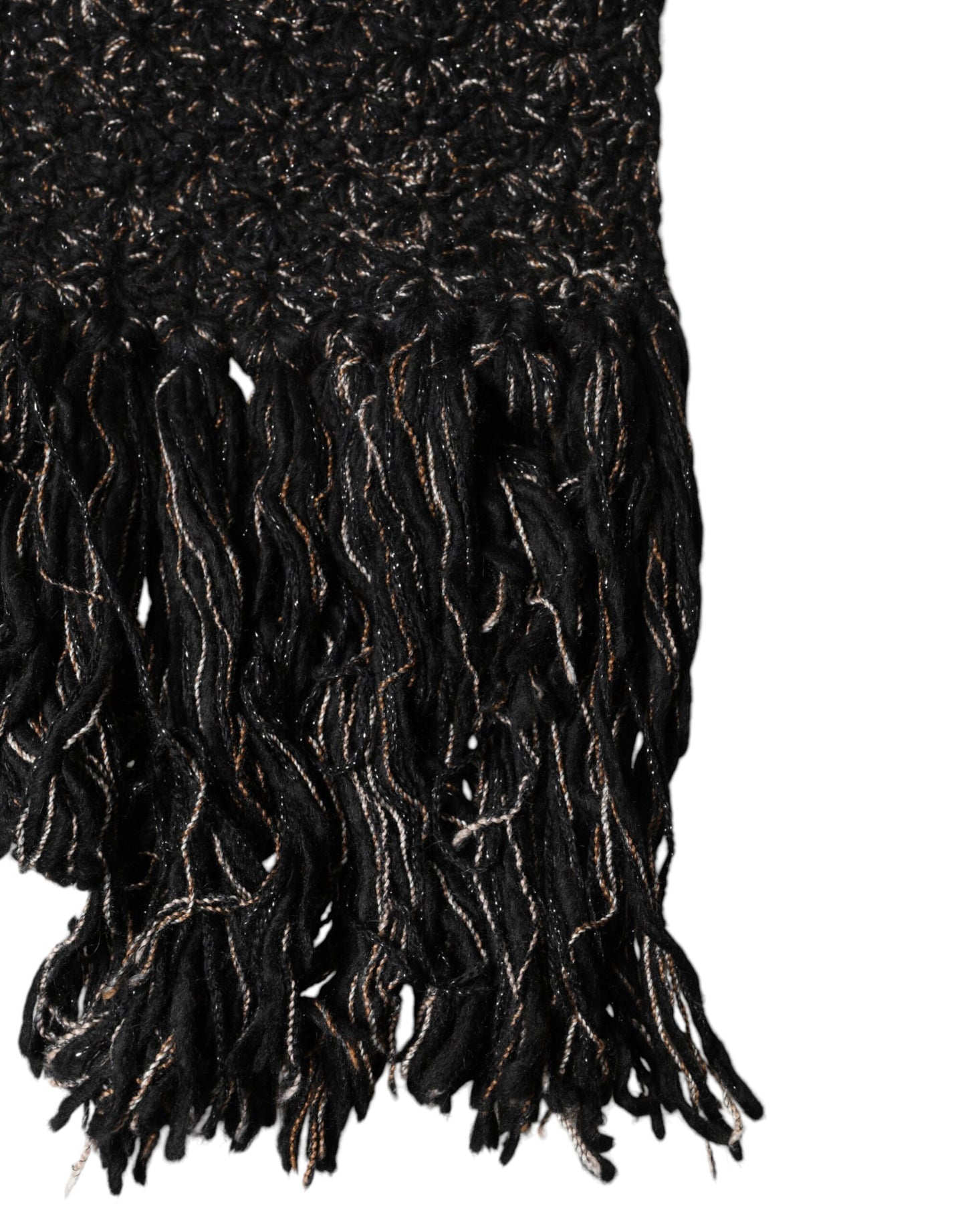 Dolce & Gabbana Black Wool Fringes Neck Wrap Foulard Scarf
